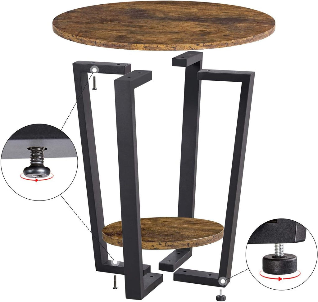 YAHEETECH - Mesita de noche industrial para dormitorio, cama, mesa auxiliar redonda con estante de almacenamiento para espacio pequeño, fácil montaje, color marrón rústico