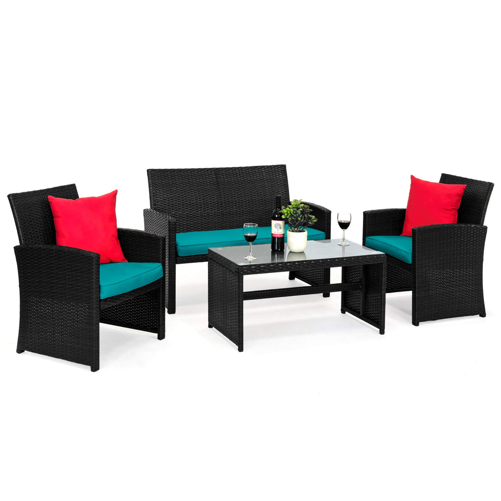 Best Choice Products Juego de Muebles de Mimbre de 4 Piezas con 4 Asientos, Mesa de Cristal Templado, Cojines de Mimbre marrón/Beige