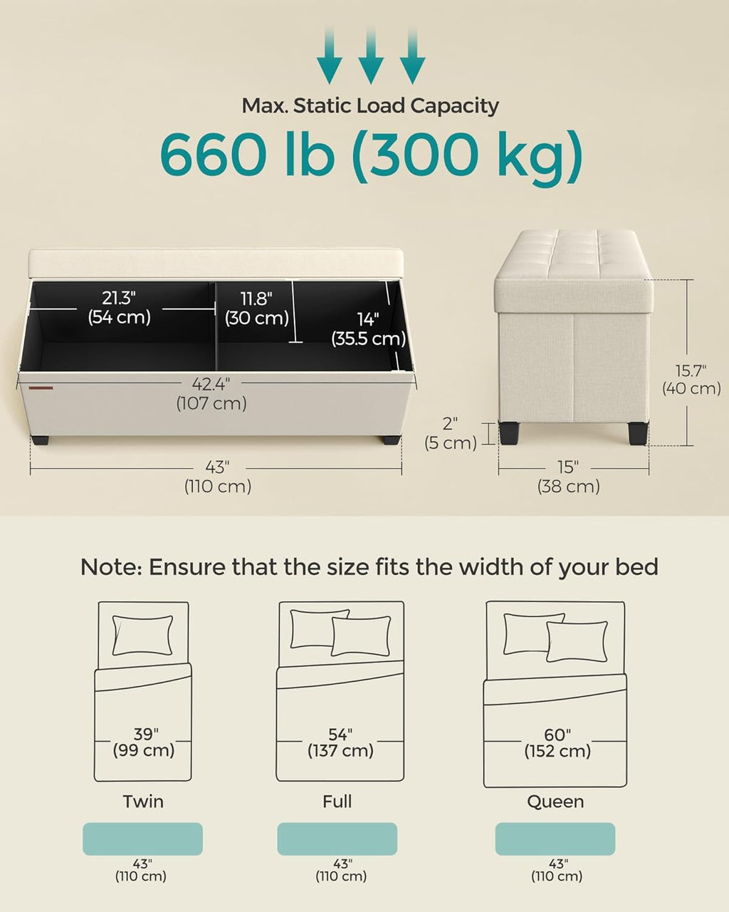 SONGMICS - Banco otomano de almacenamiento, reposapiés plegable con patas, 38.1 x 109.2 x 39.9 cm, baúl, carga hasta 299 kg, para sala de estar, recámara, entrada, blanco crema, ULSF018W01