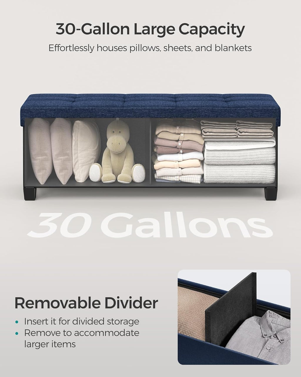 SONGMICS - Banco otomano de almacenamiento, reposapiés plegable con patas, 15 x 43 x 15.7 pulgadas, banco de extremo de cama, pecho de almacenamiento, carga hasta 650 libras, para sala de estar,