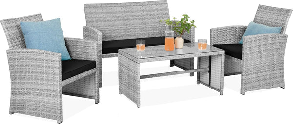 Best Choice Products - Juego de muebles de mimbre para patio de patio de 4 piezas para patio trasero con mesa de centro, cojines de asiento, gris/negro