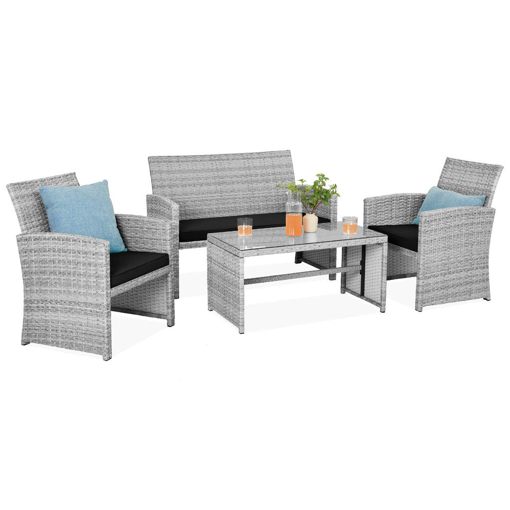 Best Choice Products - Juego de muebles de mimbre para patio de patio de 4 piezas para patio trasero con mesa de centro, cojines de asiento, color topo/arena blanca