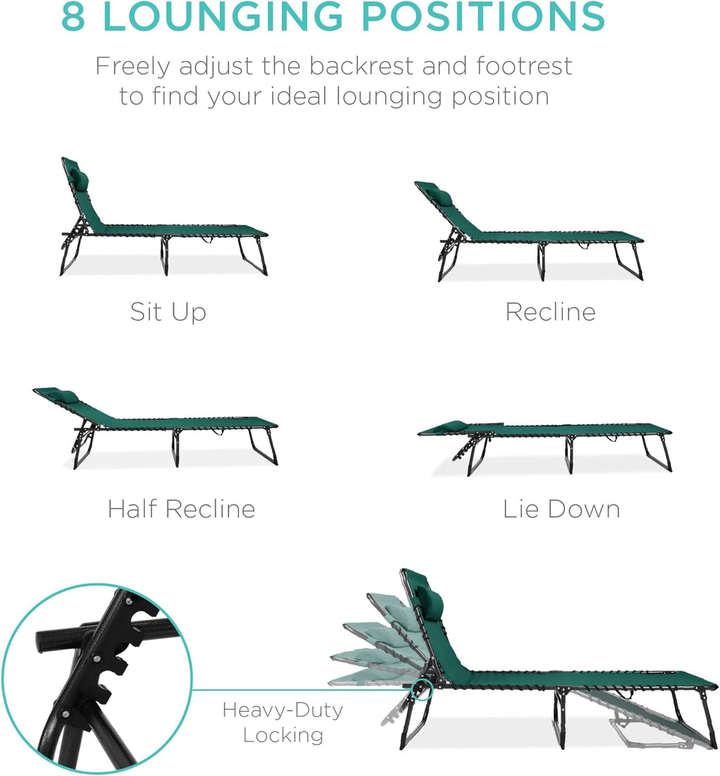 Best Choice Products - Sillón reclinable plegable portátil en la piscina para césped, patio trasero, playa con 8 posiciones ajustables, asas de transporte, capacidad de peso de 300 libras, color verde bosque