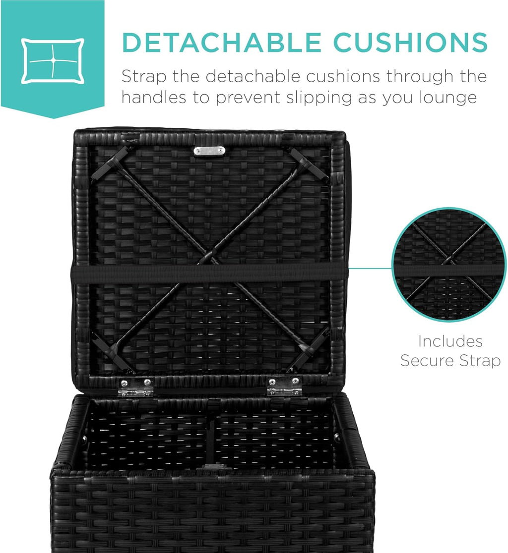 Best Choice Products - Juego de 2 otomanas de mimbre, muebles multiusos para exteriores, para patio, asiento adicional, reposapiés, mesa auxiliar con almacenamiento, cojines extraíbles, negro/negro