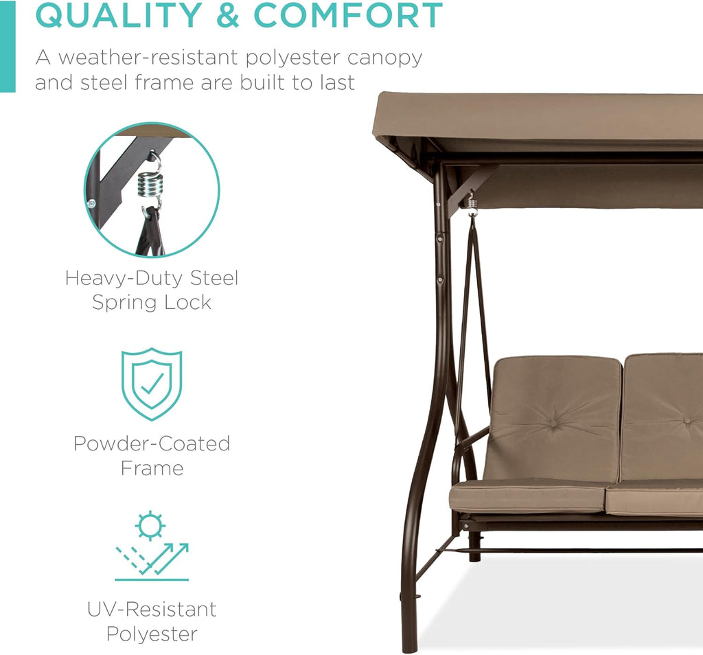 Best Choice Products - Toldo de 3 asientos para exteriores, gran convertible, hamaca de patio, sillón para porche, patio trasero con cama plana, sombra ajustable, cojines extraíbles, color gris pardo