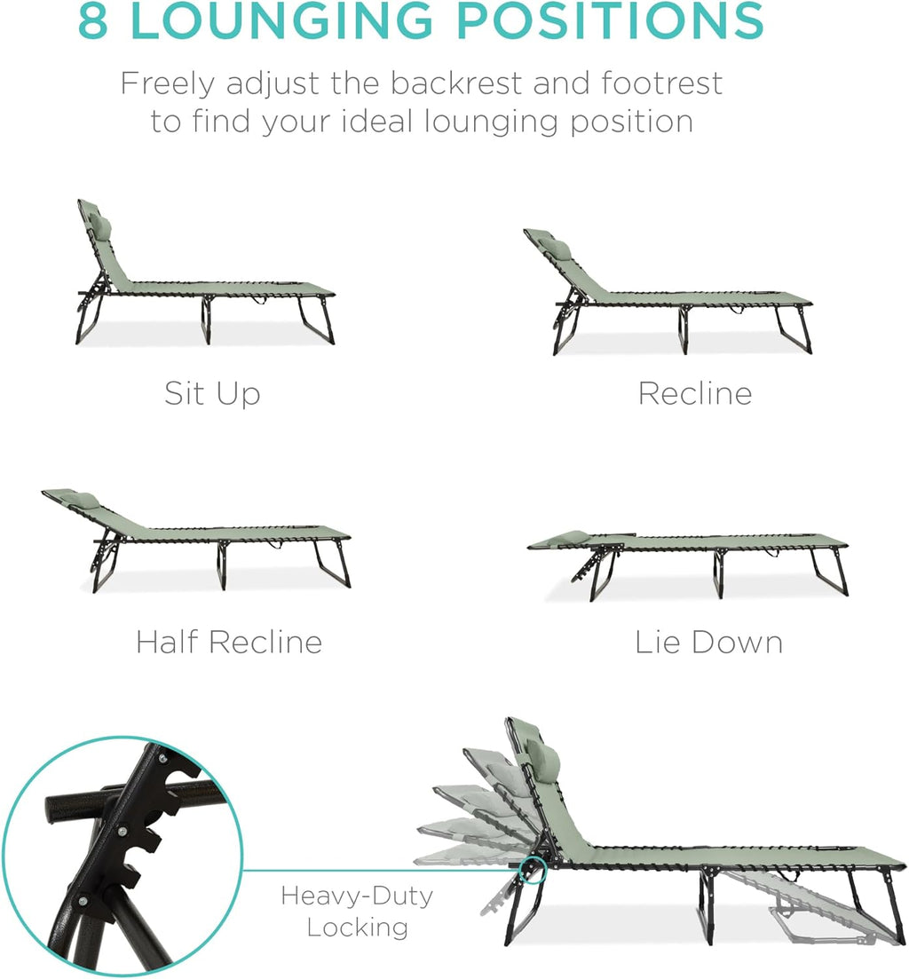 Best Choice Products - Sillón reclinable plegable portátil para césped, con 8 posiciones, asas, capacidad de 300 libras, color verde salvia