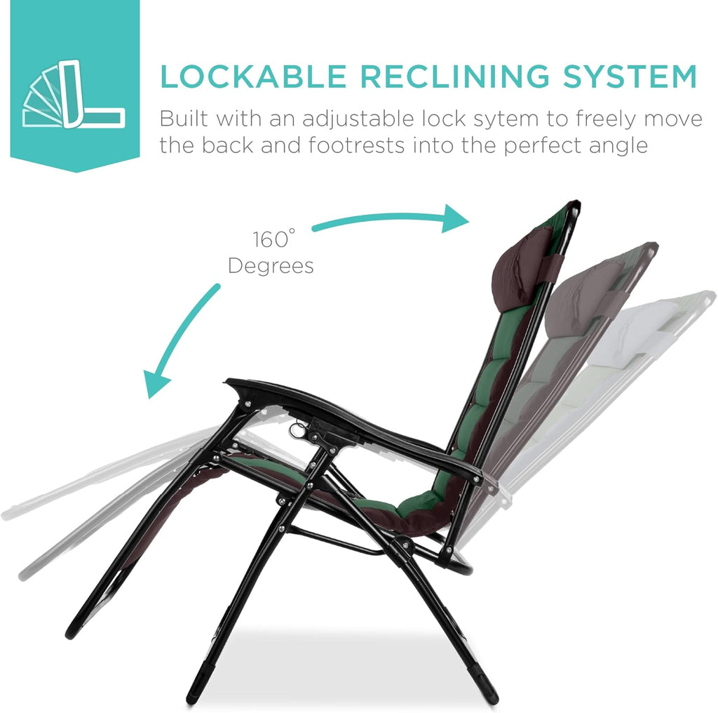 Best Choice Products - Silla acolchada de gran tamaño, reclinable plegable para patio al aire última intervensión, tumbona antigravedad XL para patio trasero con reposacabezas, soporte para vasos,