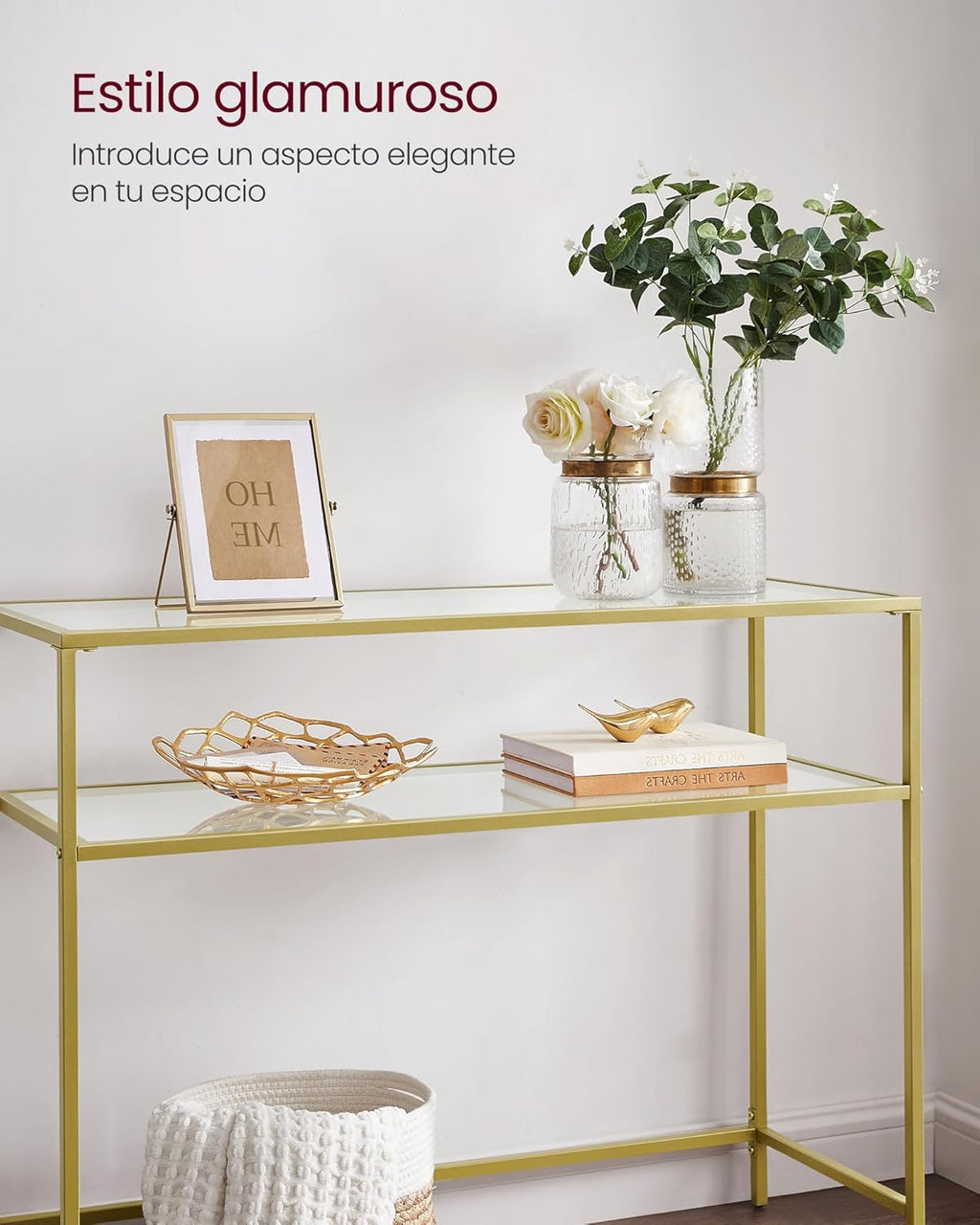 VASAGLE Mesa de Consola, Mesa de Entrada, Marco de Metal, Extremo del Sofá, Tablero de Vidrio Templado, Patas Ajustables, para Salón, Entrada, Pasillo, Dorado y Transparente MLGT025A01