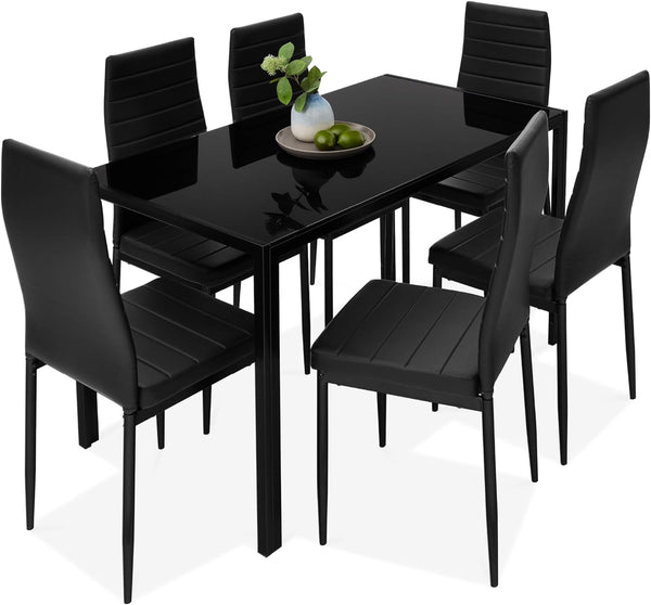 Best Choice Products - Juego de comedor de vidrio de 7 piezas, muebles modernos de mesa de cocina para comedor, comedor, comedor, compacto ahorro de espacio con mesa de vidrio, 6 sillas de poliuretano