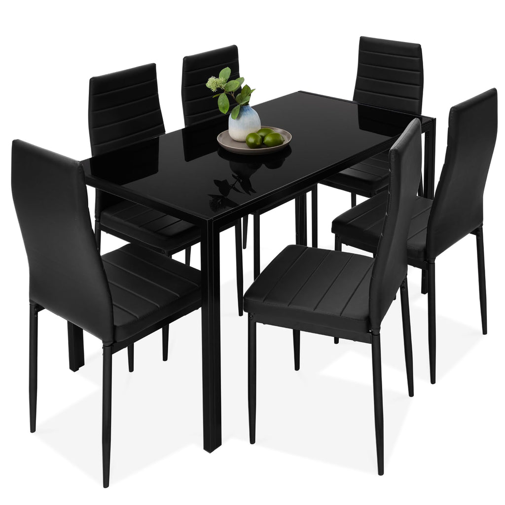 Best Choice Products - Juego de comedor de vidrio de 7 piezas, muebles modernos de mesa de cocina para comedor, comedor, comedor, compacto ahorro de espacio con mesa de vidrio, 6 sillas tapizadas de