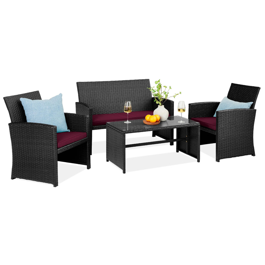 Best Choice Products - Juego de muebles de mimbre para patio de patio de 4 piezas para patio trasero con mesa de centro, cojines de asiento, color topo/arena blanca