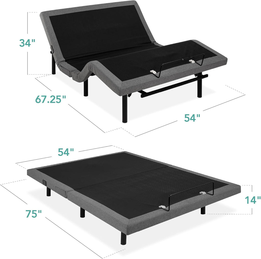 Best Choice Products - Marco de cama ergonómico ajustable de tamaño completo, base eléctrica con control remoto inalámbrico, luz nocturna, masajeador, 2 puertos USB