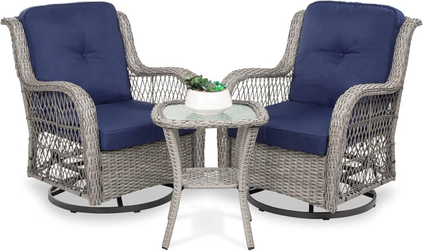 Best Choice Products - Juego de 3 piezas de mimbre para exteriores con 2 mecedoras giratorias de 360 grados y mesa auxiliar superior de cristal templado, color azul marino