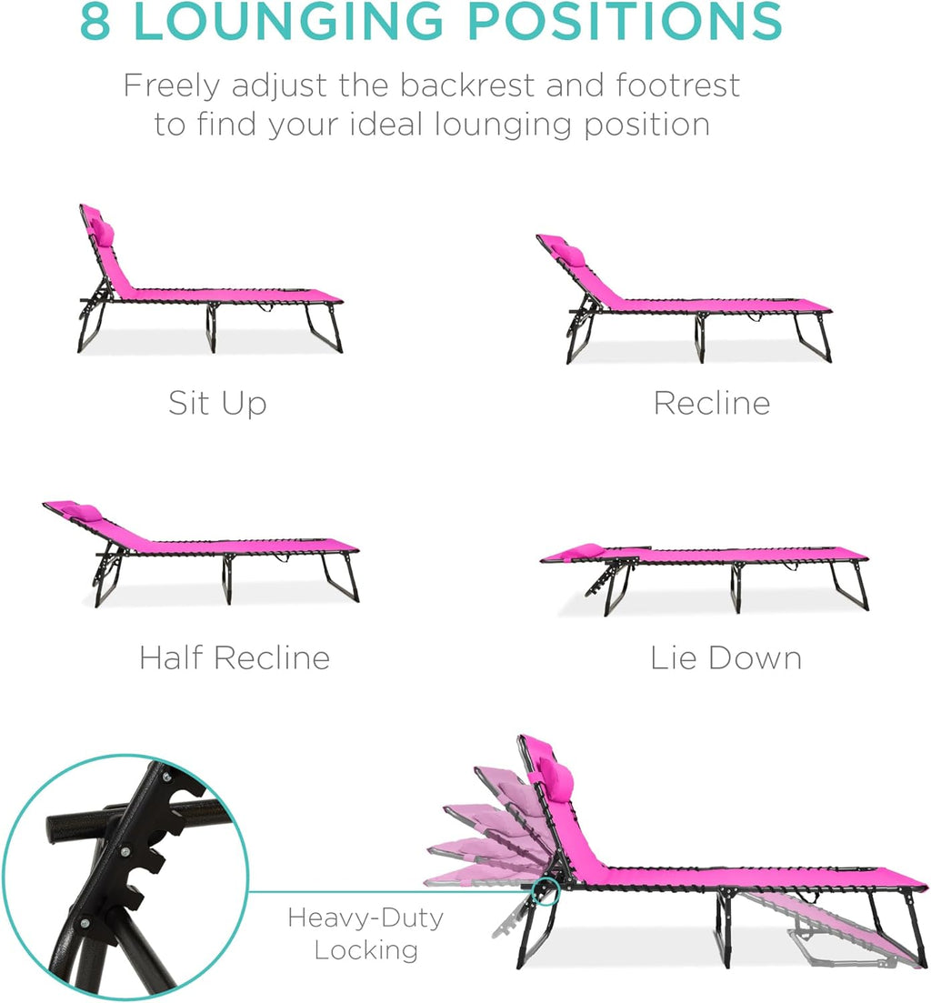 Best Choice Products - Sillón reclinable plegable portátil para césped, con 8 posiciones, asas, capacidad de 300 libras, color rosa oscuro