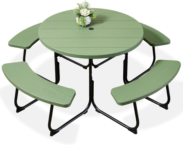 Best Choice Products - Mesa de picnic para 8 personas, circular con 4 bancos integrados y agujero para paraguas, capacidad de 2000 libras, color verde