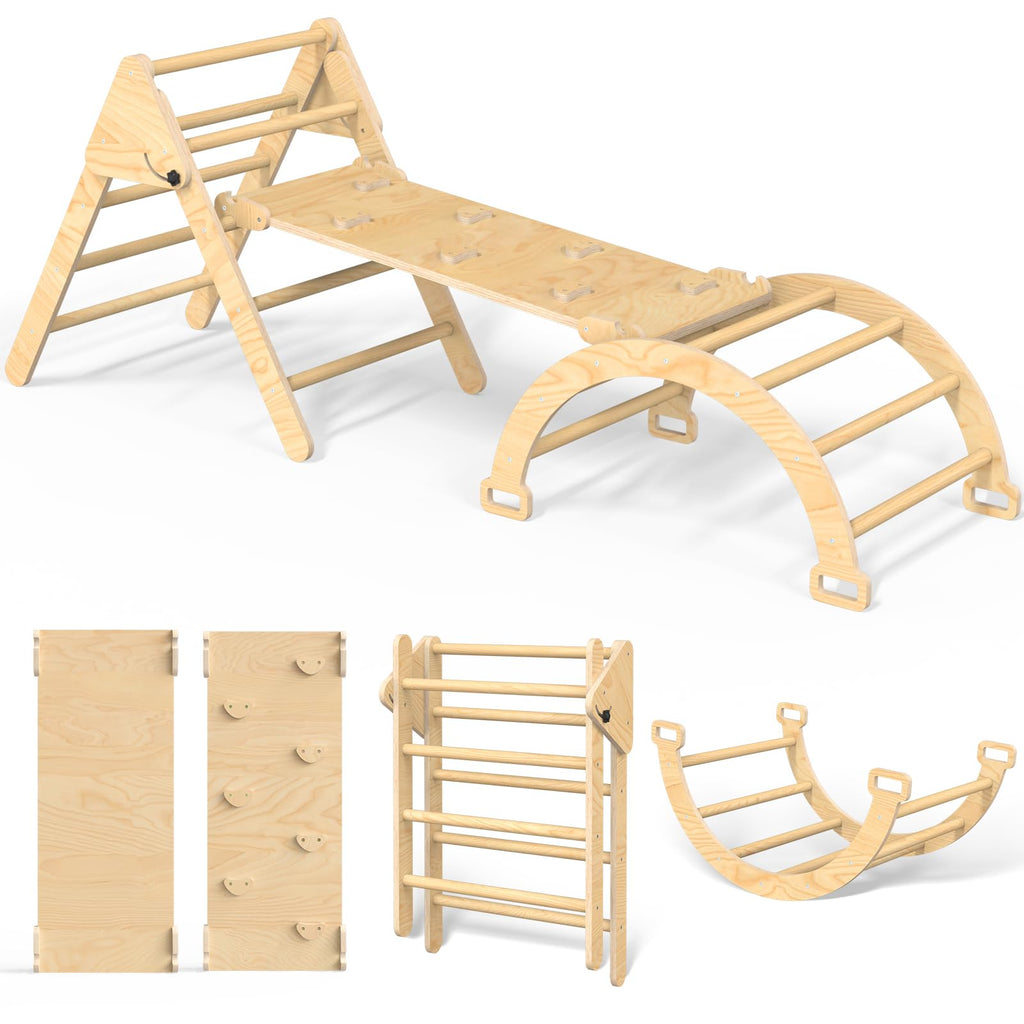 Juego de escalada Pikler 7 en 1, recolector de madera plegable, 3 piezas, para bebé y niños pequeños, con arco, rampa