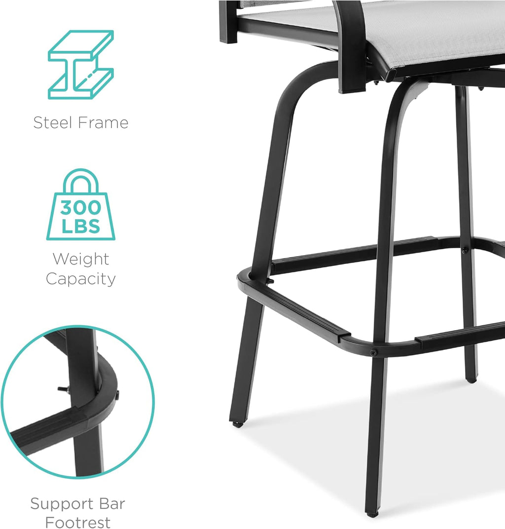 Best Choice Products - Juego de 2 taburetes giratorios, sillas para exteriores con altura de bar, 360 taburetes de bar giratorios para patio con malla para todo clima, capacidad de 300 libras, color gris