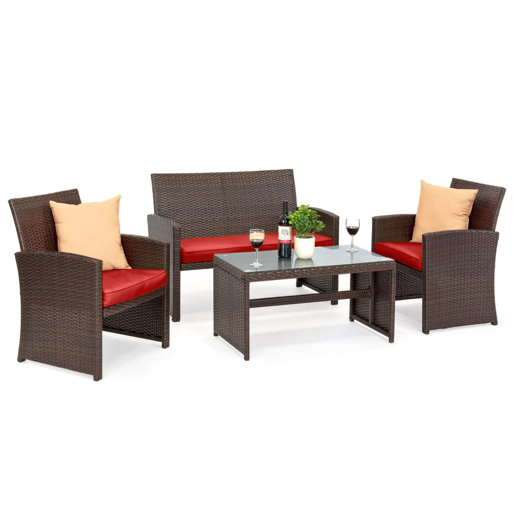 Best Choice Products - Juego de muebles de mimbre para patio de patio de 4 piezas para patio trasero con mesa de centro, cojines de asiento, color topo/arena blanca