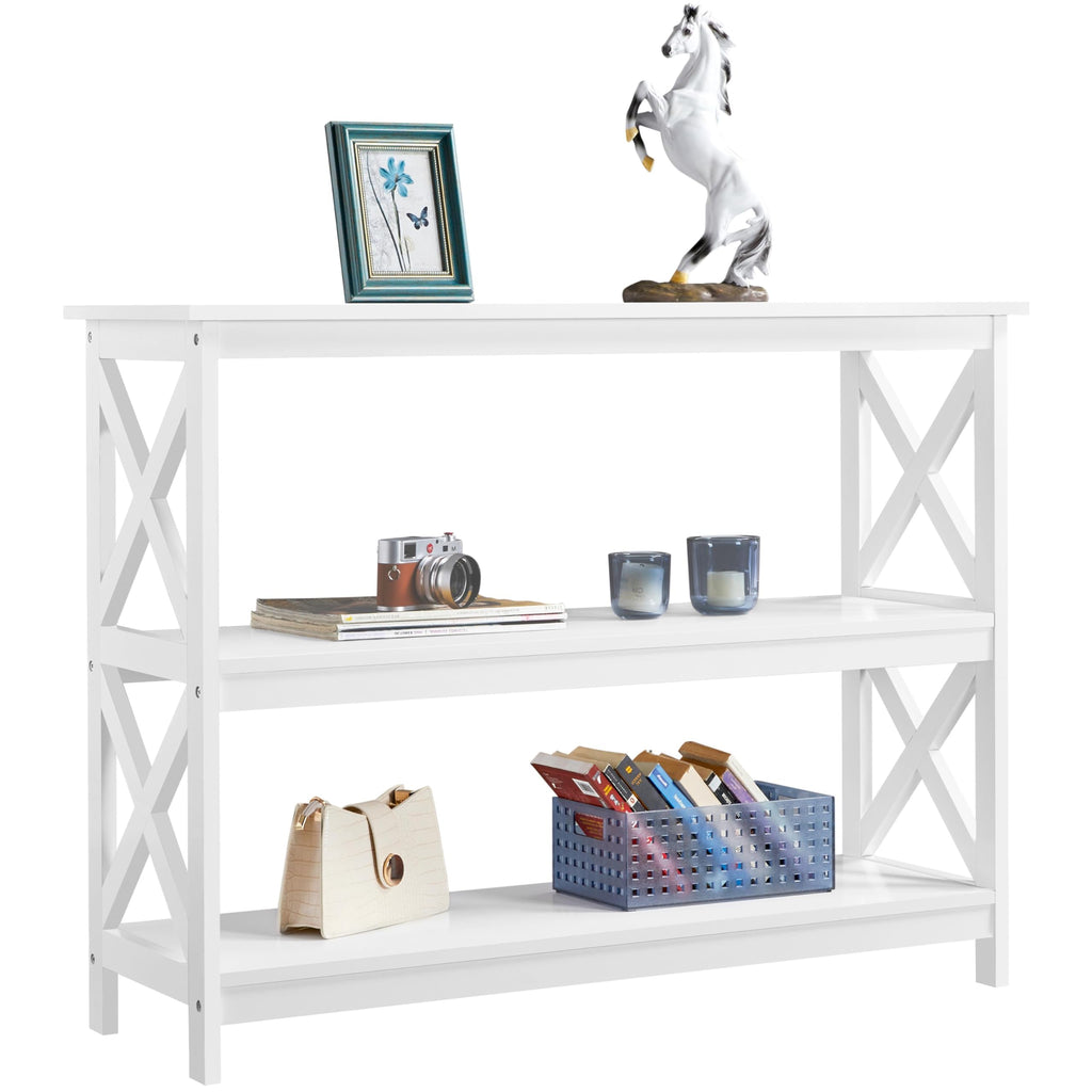 Yaheetech - Mesa de consola con 3 estantes de almacenamiento, mesa de entrada, sofá, mesa auxiliar estrecha y larga estantería para pasillo, sala de estar, muebles decorativos, color gris