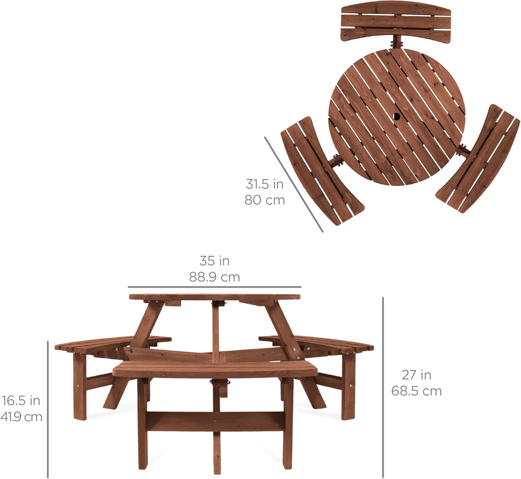 Best Choice Products Mesa circular de picnic de madera para 6 personas para patio, patio, jardín, bricolaje con 3 bancos integrados, capacidad de 500 libras, color café nogal