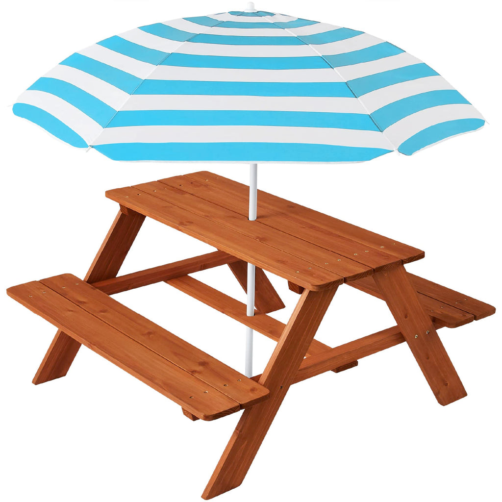 Best Choice Products - Mesa de picnic de madera para niños, mesa de actividades al aire última intervensión y comedor con paraguas plegable ajustable, asientos integrados, color natural/rosa oscuro