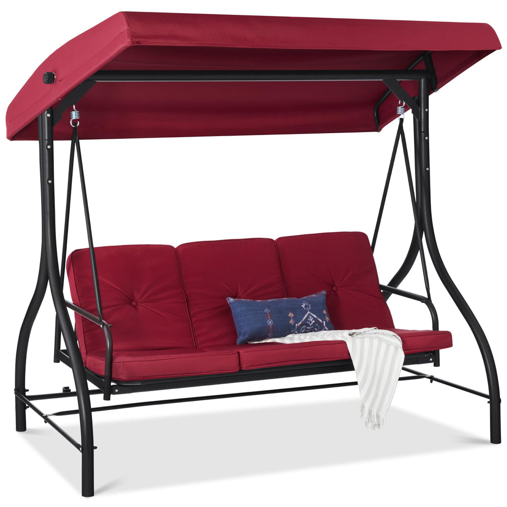 Best Choice Products - Toldo de 3 asientos para exteriores, gran convertible, hamaca de patio, sillón para porche, patio trasero con cama plana, visualización ajustable, cojines extraíbles, color azul