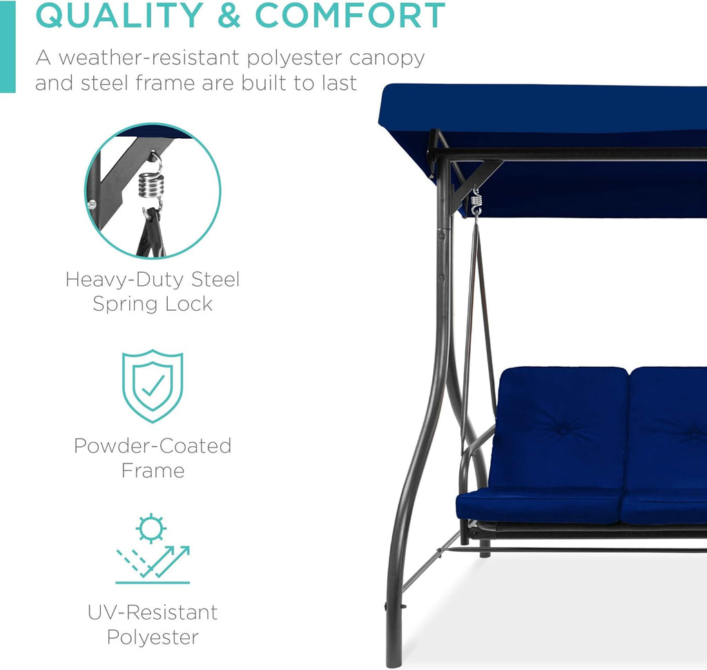 Best Choice Products - Toldo de 3 asientos para exteriores, gran convertible, hamaca de patio, sillón para porche, patio trasero con cama plana, visualización ajustable, cojines extraíbles, color azul