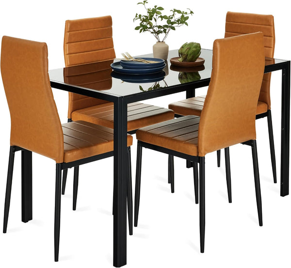 Best Choice Products - Juego de comedor de vidrio de 5 piezas, muebles modernos de mesa de cocina para comedor, comedor, comedor, compacto ahorro de espacio con mesa de vidrio, 4 sillas tapizadas de
