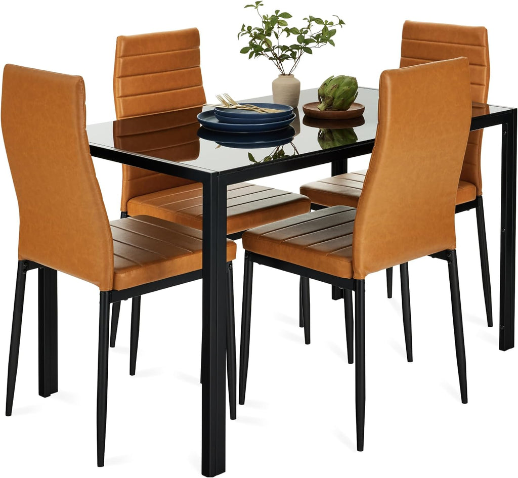 Best Choice Products - Juego de comedor de vidrio de 5 piezas, muebles modernos de mesa de cocina para comedor, comedor, comedor, compacto ahorro de espacio con mesa de vidrio, 4 sillas tapizadas de