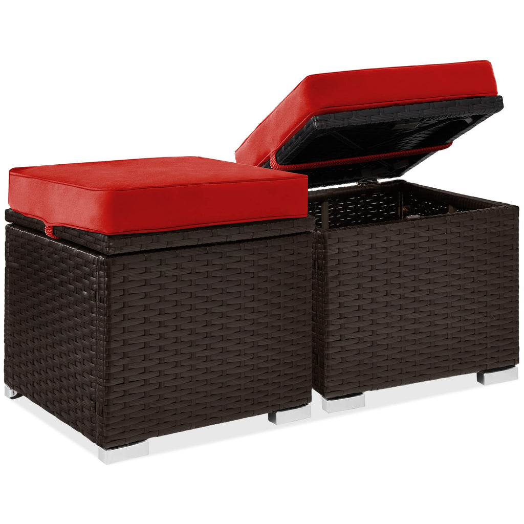 Best Choice Products - Juego de 2 otomanas de mimbre, muebles multiusos para exteriores, para patio, asiento adicional, reposapiés, mesa auxiliar con almacenamiento, cojines extraíbles, arena blanca