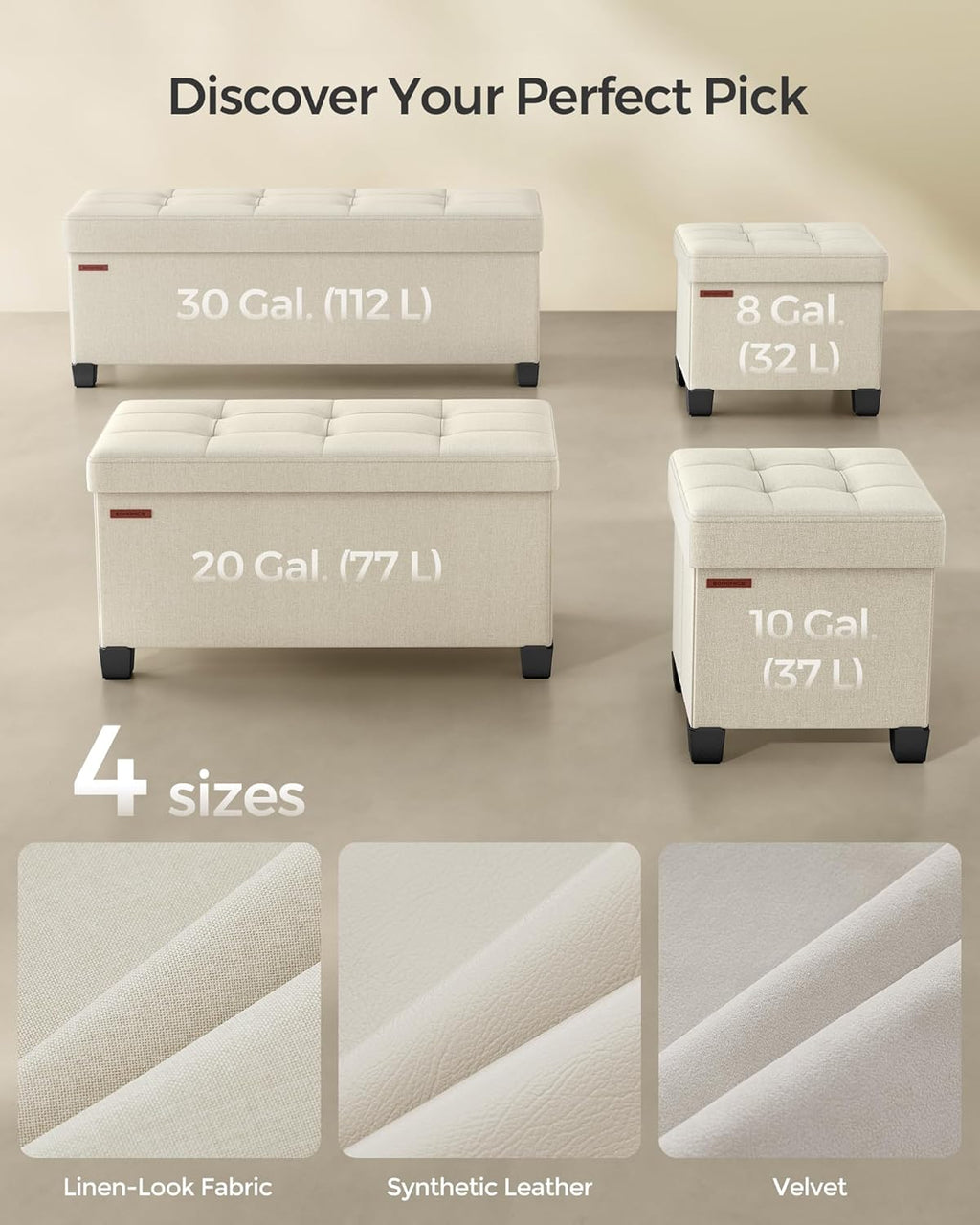 SONGMICS - Banco otomano de almacenamiento, reposapiés plegable con patas, 38.1 x 109.2 x 39.9 cm, baúl, carga hasta 299 kg, para sala de estar, recámara, entrada, blanco crema, ULSF018W01