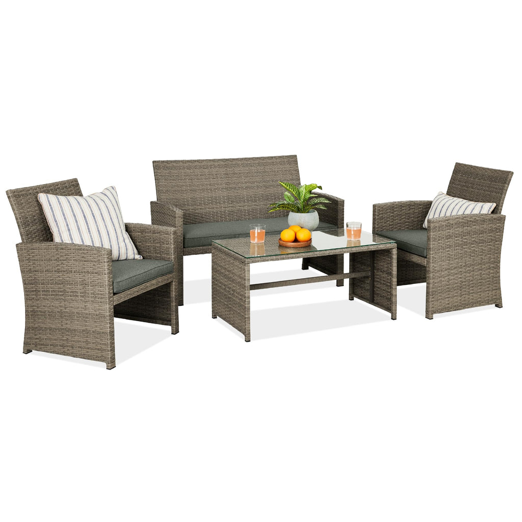 Best Choice Products - Juego de muebles de mimbre para patio de patio de 4 piezas para patio trasero con mesa de centro, cojines de asiento, color topo/arena blanca