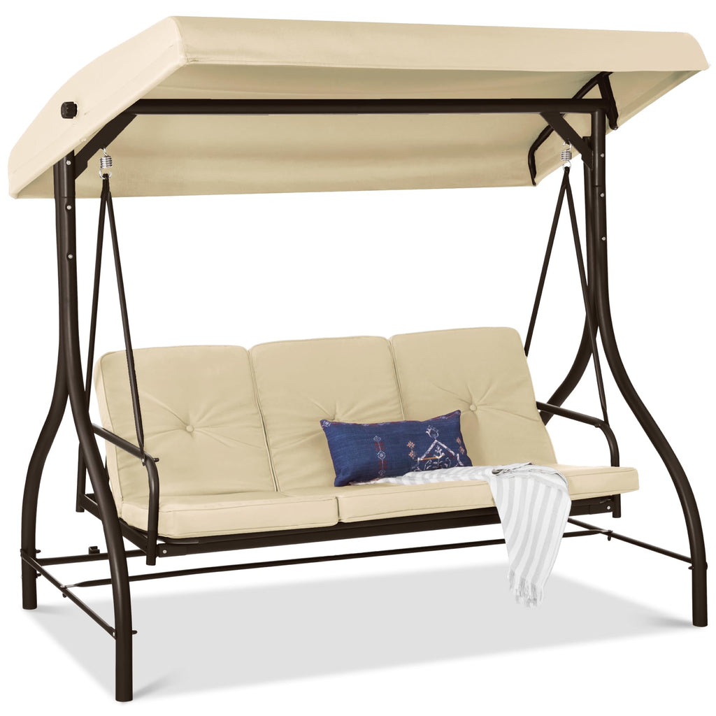 Best Choice Products - Toldo de 3 asientos para exteriores, gran convertible, hamaca de patio, sillón para porche, patio trasero con cama plana, visualización ajustable, cojines extraíbles, color gris