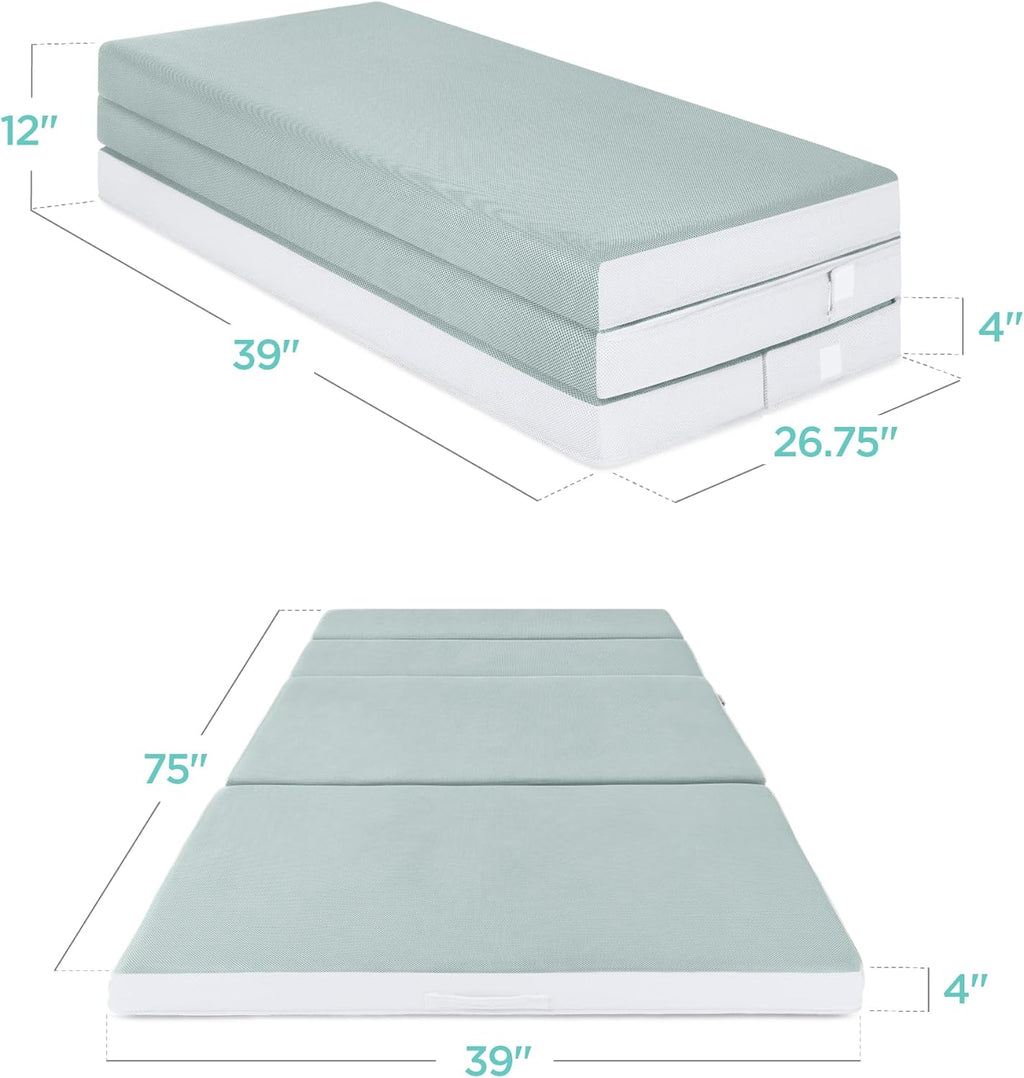 Best Choice Products Colchón portátil de tamaño doble de 4 pulgadas, colchón triple plegable para camping, invitados, niños pequeños, felpa de espuma con funda de transporte, color crema marina