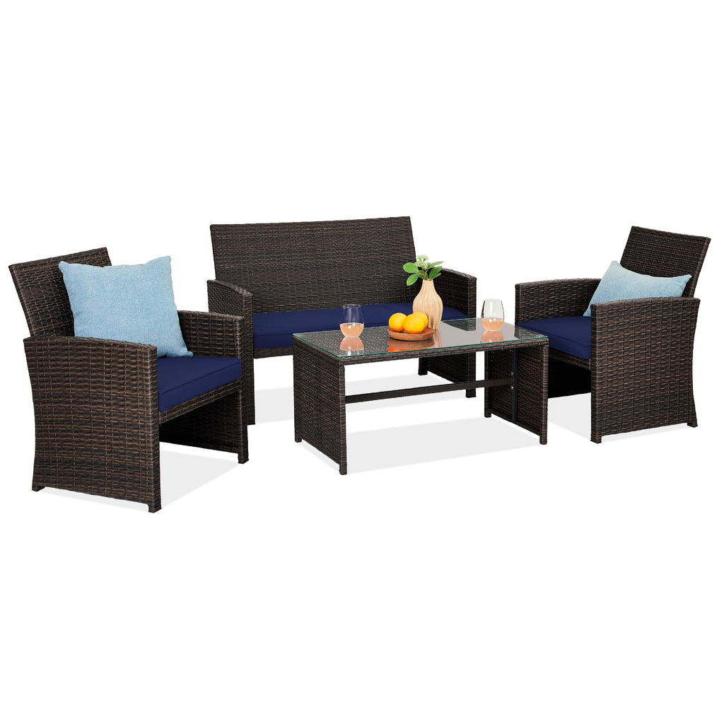 Best Choice Products - Juego de muebles de mimbre para patio de patio de 4 piezas para patio trasero con mesa de centro, cojines de asiento, color topo/arena blanca