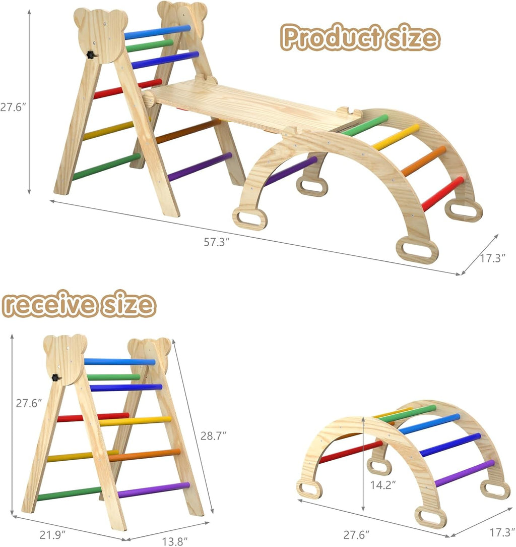 Juego de escalada Pikler 7 en 1, recolector de madera plegable, 3 piezas, para bebé y niños pequeños, con arco, rampa