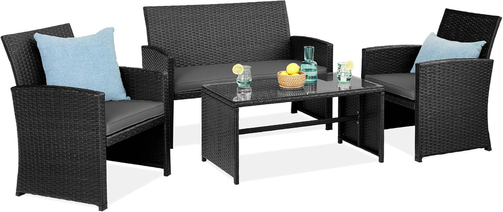 Best Choice Products - Juego de muebles de mimbre para patio de patio de 4 piezas para patio trasero con mesa de centro, cojines de asiento, color negro y gris