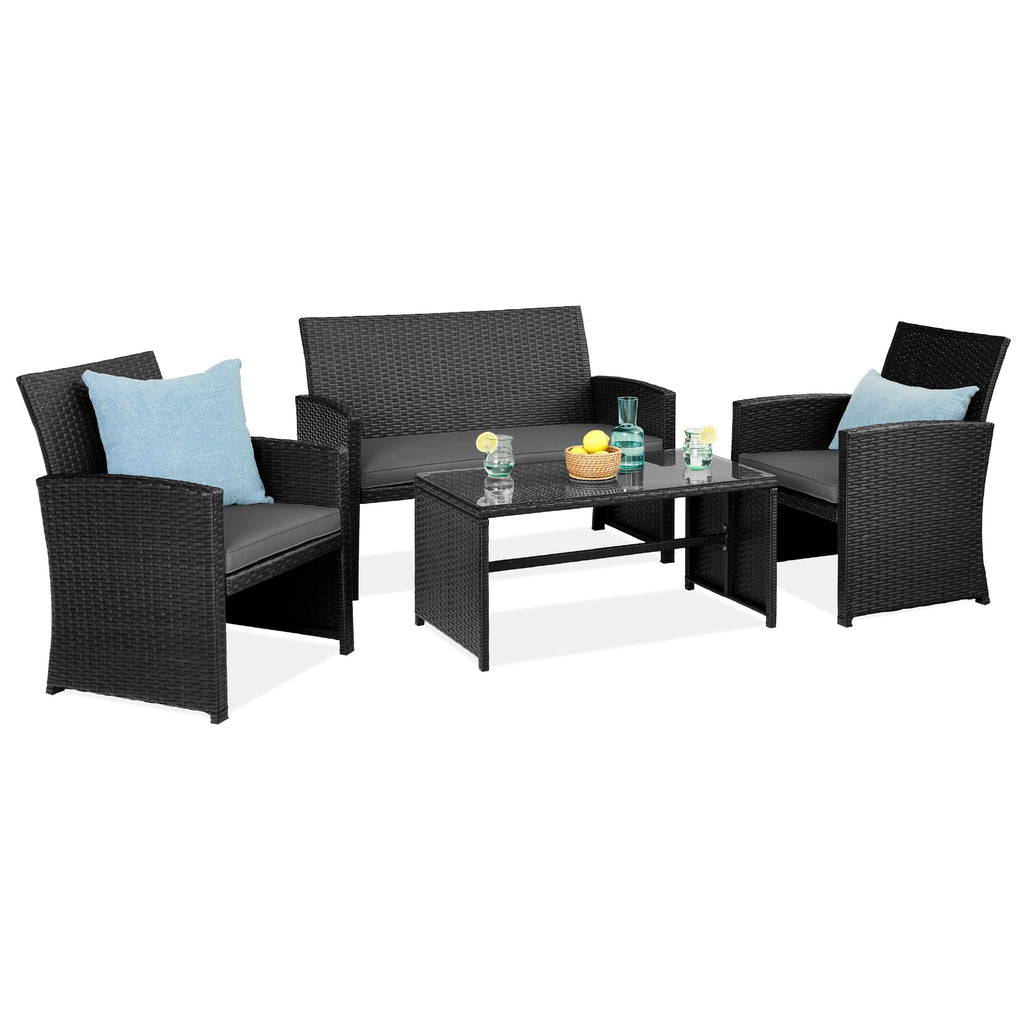 Best Choice Products Juego de Muebles de Mimbre de 4 Piezas con 4 Asientos, Mesa de Cristal Templado, Cojines de Mimbre marrón/Beige
