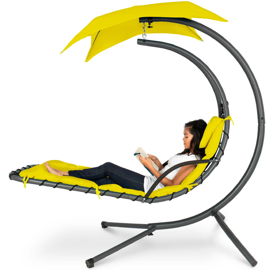 Best Choice Products - Tumbona curvada de acero para colgar al aire última intervensión, con almohada integrada y toldo extraíble, color azul pavo real