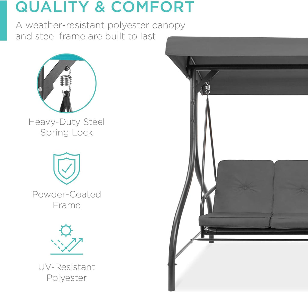 Best Choice Products - Toldo de 3 asientos para exteriores, gran convertible, hamaca de patio, sillón para porche, patio trasero con cama plana, visualización ajustable, cojines extraíbles, color gris