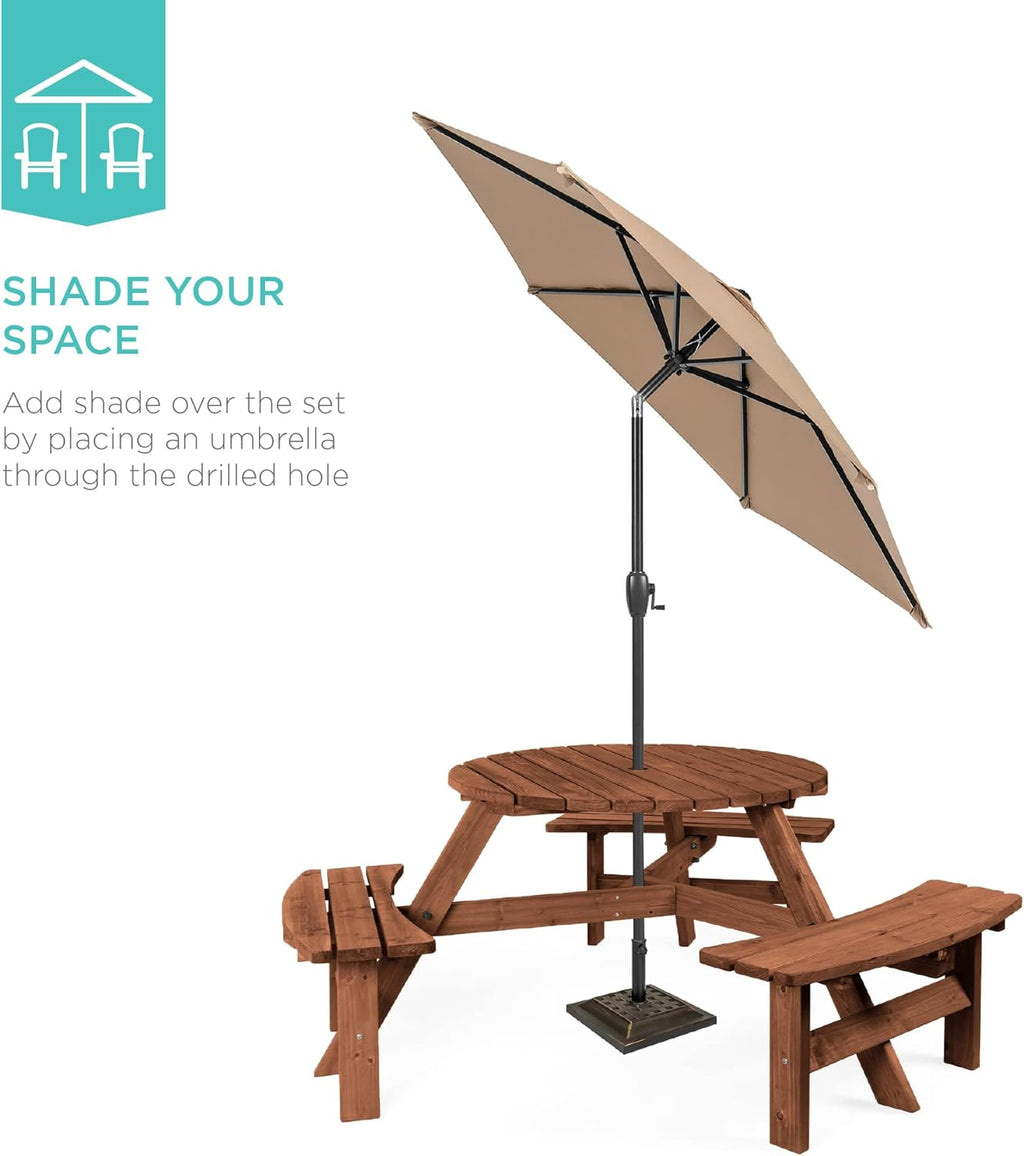 Best Choice Products Mesa circular de picnic de madera para 6 personas para patio, patio, jardín, bricolaje con 3 bancos integrados, capacidad de 500 libras, color café nogal