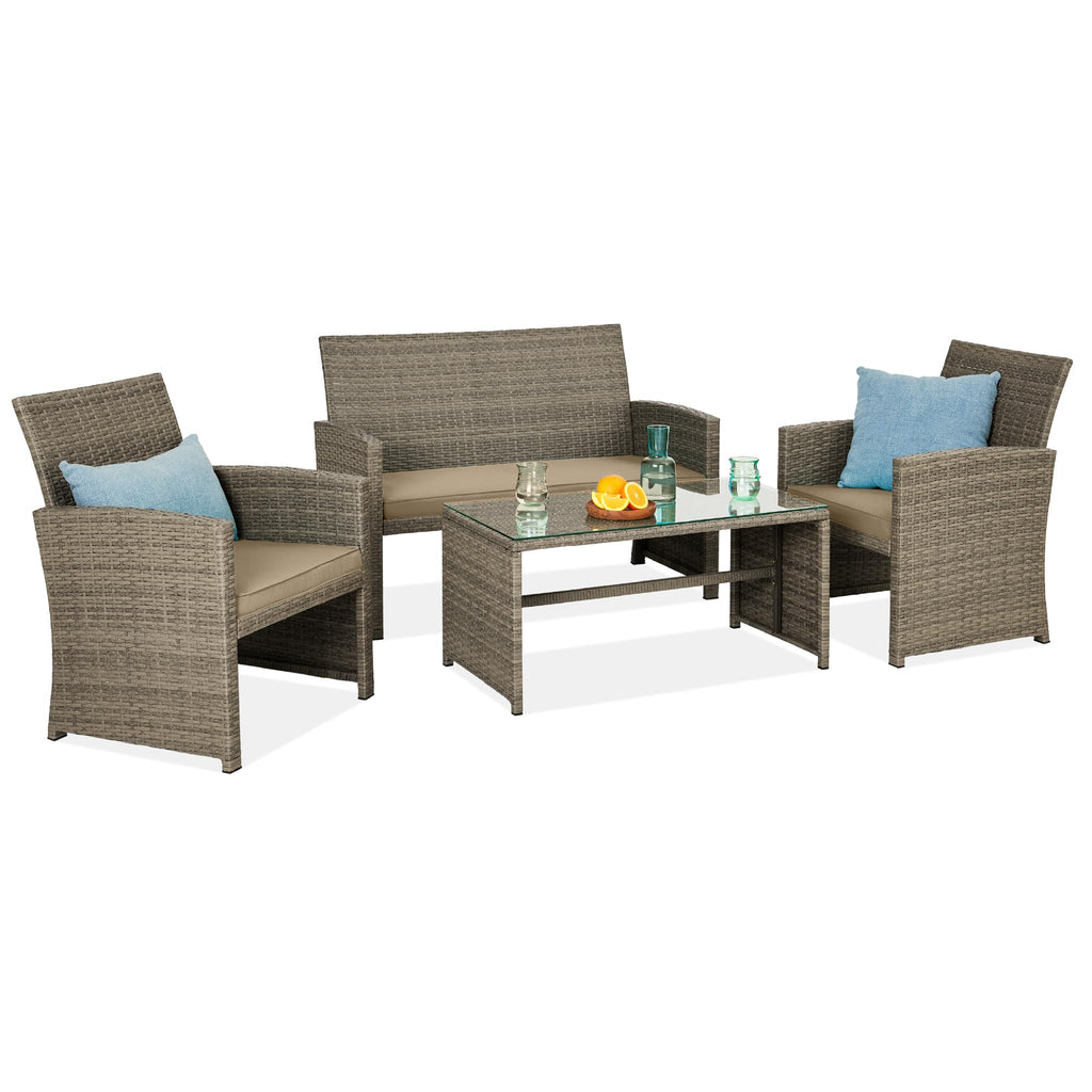 Best Choice Products - Juego de muebles de mimbre para patio de patio de 4 piezas para patio trasero con mesa de centro, cojines de asiento, color topo/arena blanca