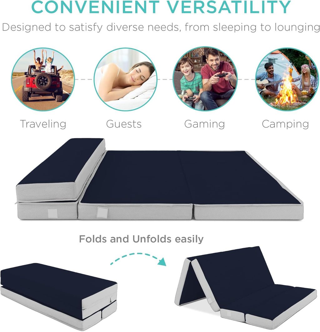Best Choice Products Colchón portátil de tamaño completo de 4 pulgadas, colchón triple plegable para camping, invitados, niños pequeños, felpa de espuma con funda de transporte, azul medianoche