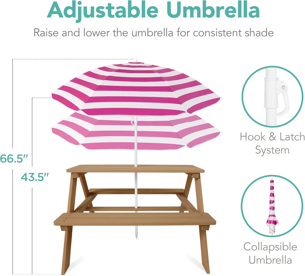 Best Choice Products - Mesa de picnic de madera para niños, mesa de actividades al aire última intervensión y comedor con paraguas plegable ajustable, asientos integrados, color natural/rosa oscuro