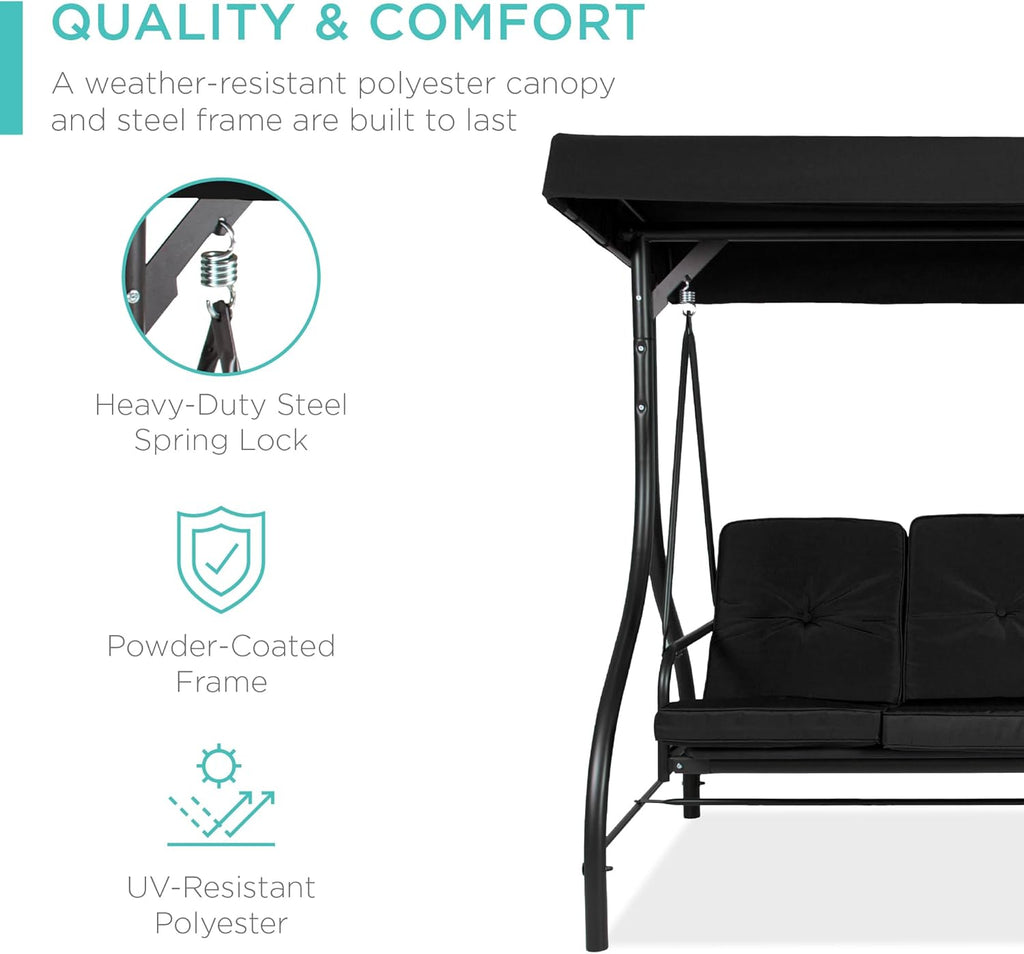 Best Choice Products - Toldo de 3 asientos para exteriores, gran convertible, hamaca de patio, sillón para porche, patio trasero con cama plana, visualización ajustable, cojines extraíbles, color