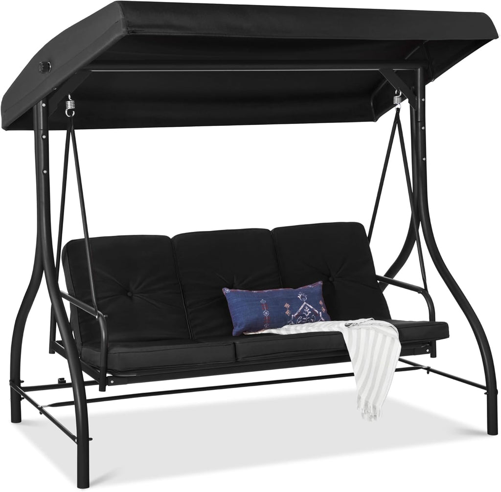 Best Choice Products - Toldo de 3 asientos para exteriores, gran convertible, hamaca de patio, sillón para porche, patio trasero con cama plana, visualización ajustable, cojines extraíbles, color