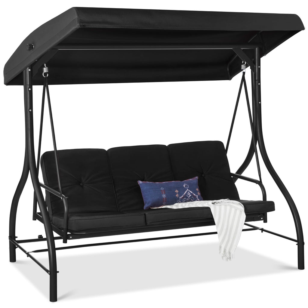 Best Choice Products - Toldo de 3 asientos para exteriores, gran convertible, hamaca de patio, sillón para porche, patio trasero con cama plana, visualización ajustable, cojines extraíbles, color azul