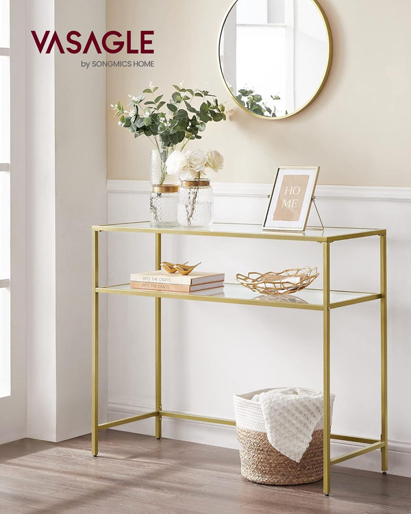 VASAGLE Mesa de Consola, Mesa de Entrada, Marco de Metal, Extremo del Sofá, Tablero de Vidrio Templado, Patas Ajustables, para Salón, Entrada, Pasillo, Dorado y Transparente MLGT025A01