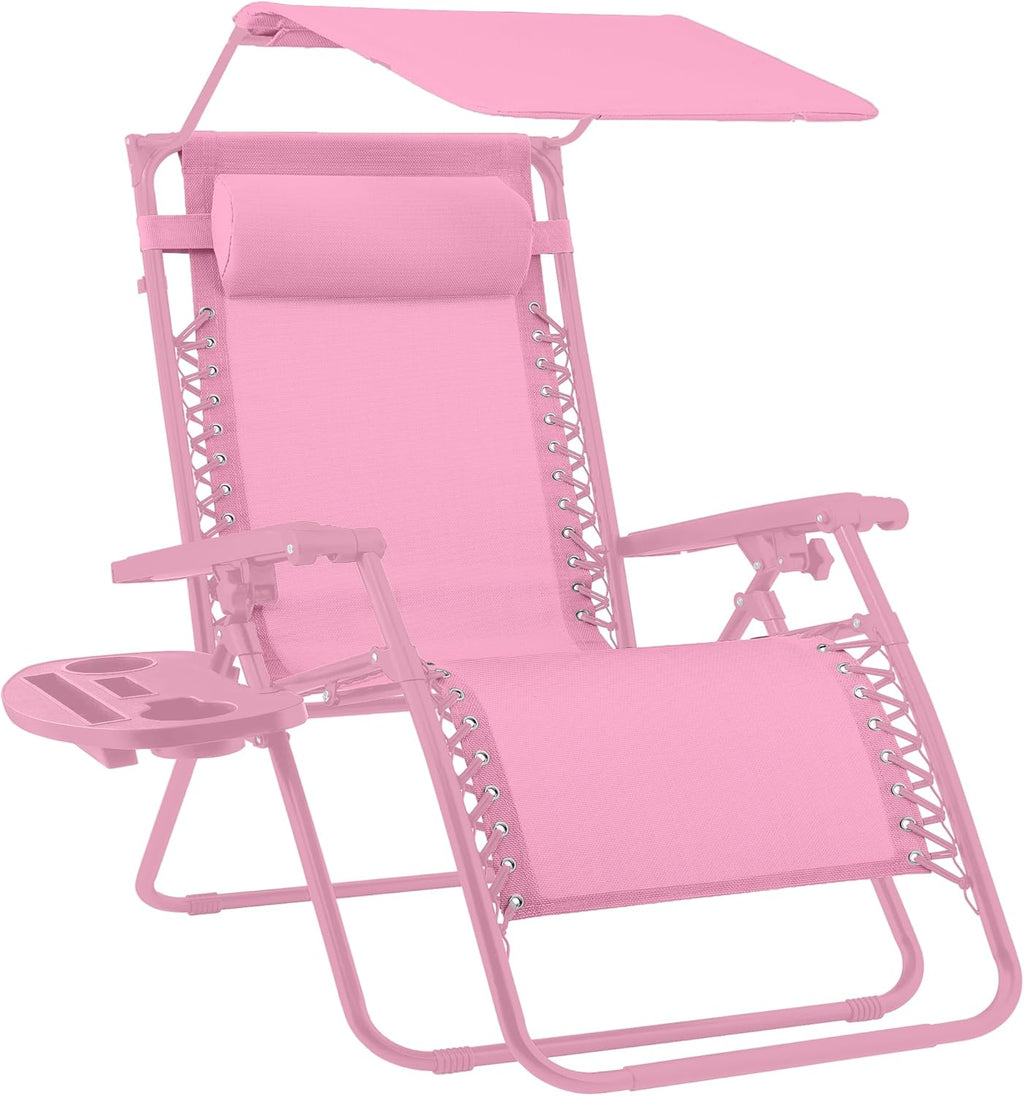 Best Choice Products - Silla reclinable plegable de gravedad cero para exteriores, con toldo ajustable, reposacabezas, bandeja de accesorios lateral, malla de textileno, clavel