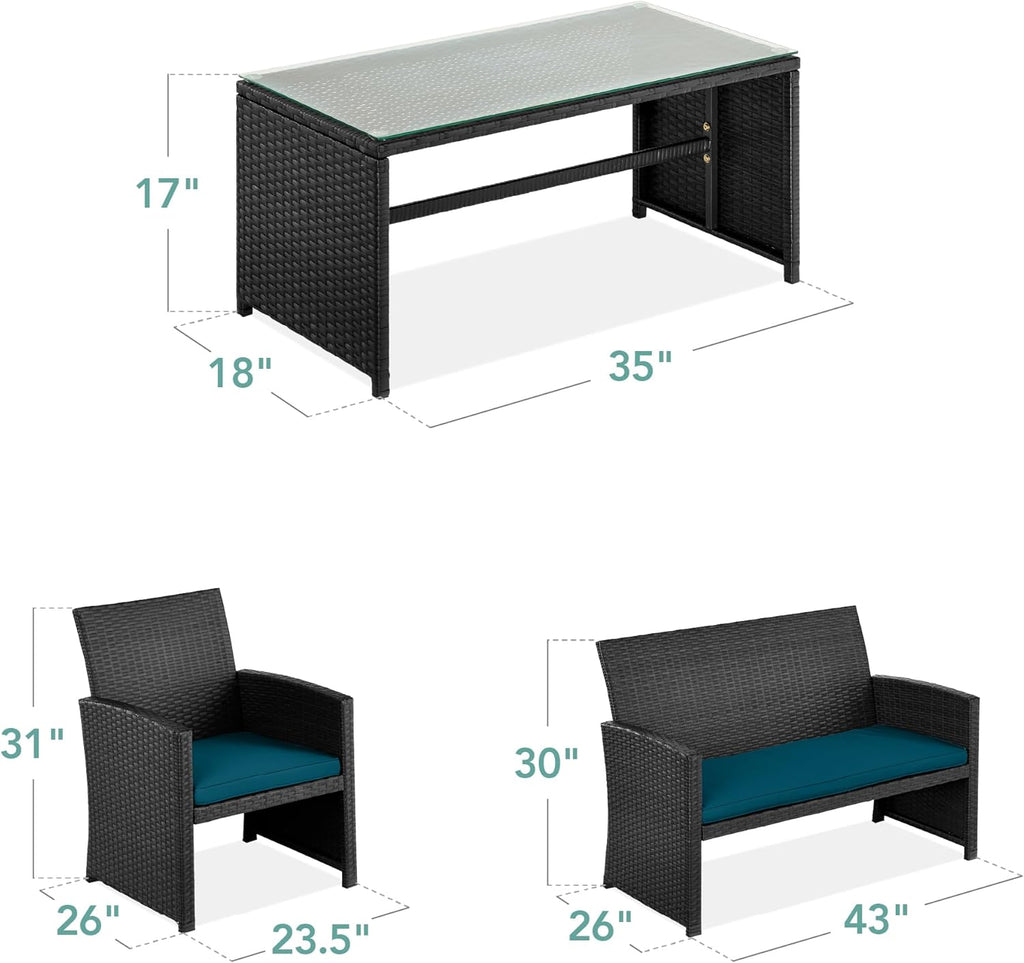 Best Choice Products - Juego de muebles de mimbre para patio de patio de 4 piezas para patio trasero con mesa de centro, cojines de asiento, color negro y pavo real